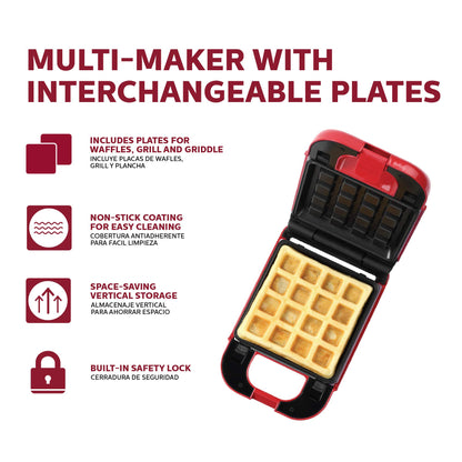 Holstein Housewares - Multifabricante antiadherente intercambiable con waffle, plancha y platos de parrilla, uso para paninis, panqueques, gofres y mucho más, rojo/acero inoxidable