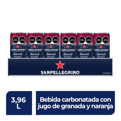 San Pellegrino Naturali Melograno & Arancia, Agua Mineral Sabor Naranja y Granada, Refresco Premium, Pack 12 latas 330ml c/u