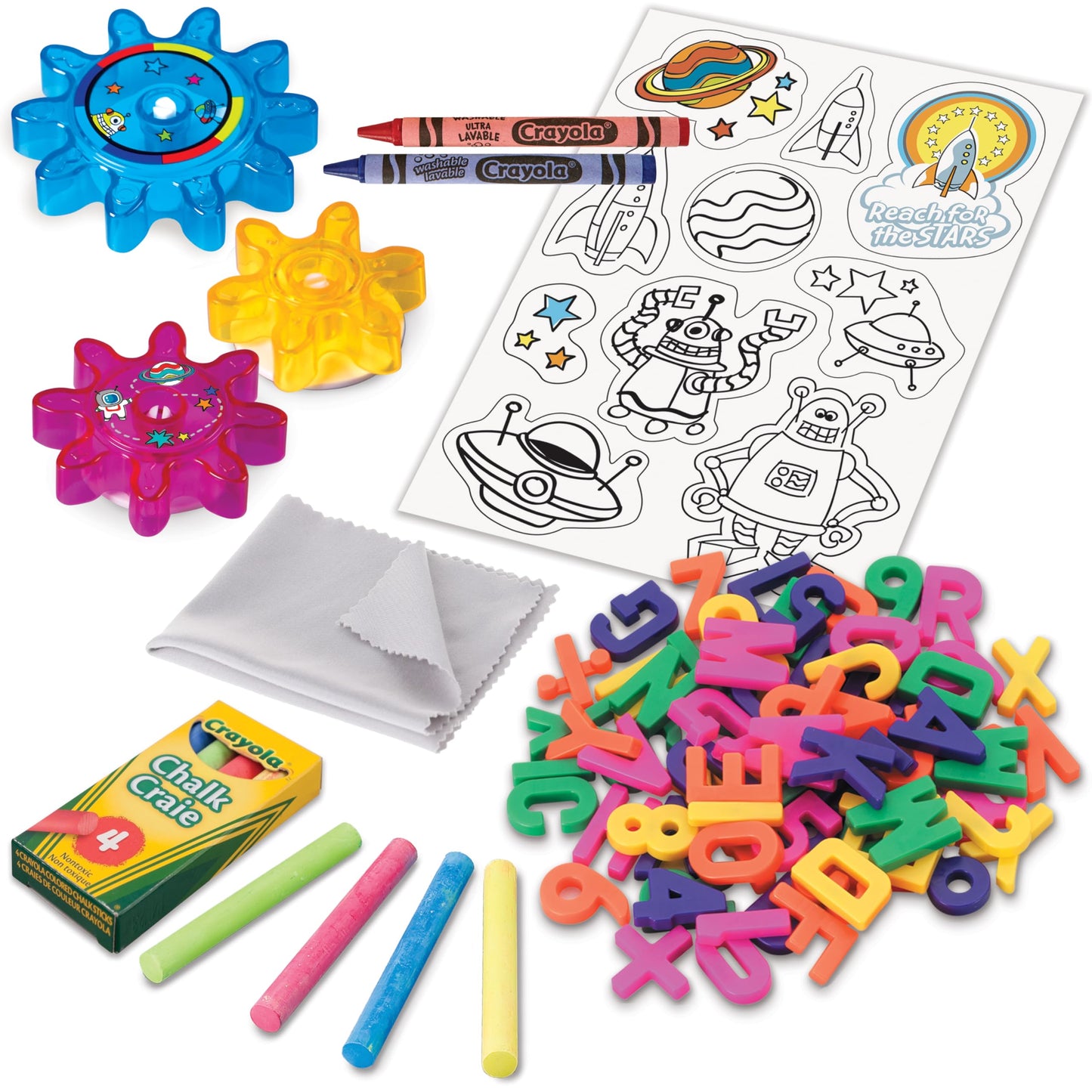 Creative Fun Caballete doble – borrado en seco magnético, pizarrón, 77 letras y números magnéticos, varillas de gis Crayola, engranajes magnéticos, 3+