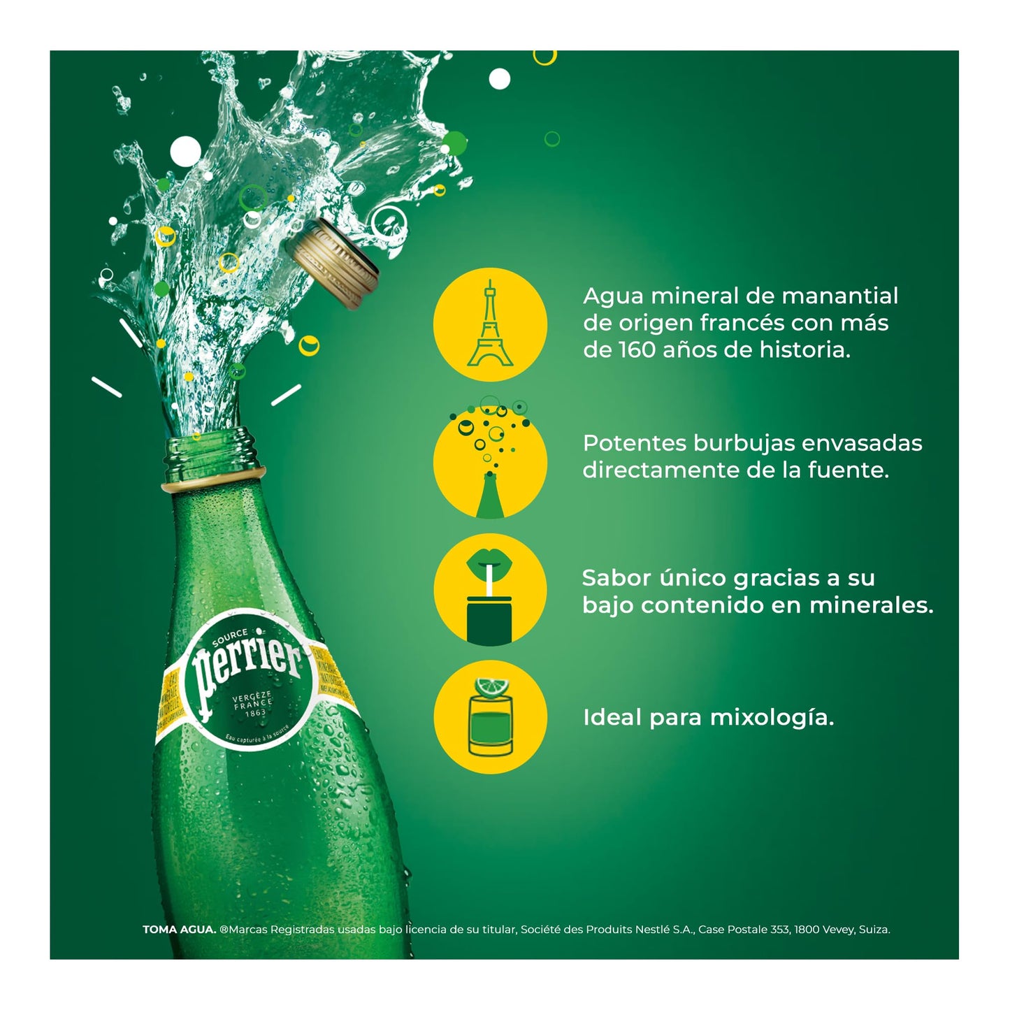 Perrier Agua Mineral, Natural Mineral, Sin Azúcar, Sin Calorías, Pack de 12 botellas de vidrio de 330ml c/u