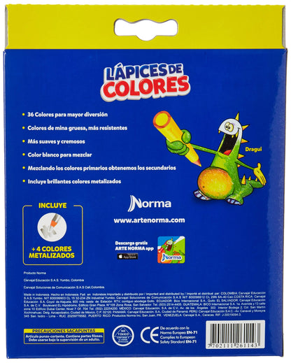 Norma Lápices de Colores Circulares, Incluye Sacapuntas, 1 Pack de 36
