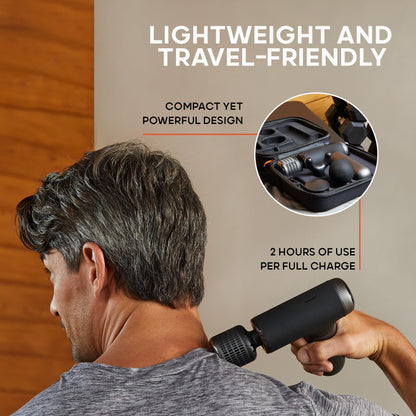 Sharper Image® Powerboost® Pro+ Masajeador compacto de percusión caliente y frío, nodo de doble temperatura, terapia calmante de calor y frío, 6 velocidades, 4 accesorios, recuperación portátil ligera