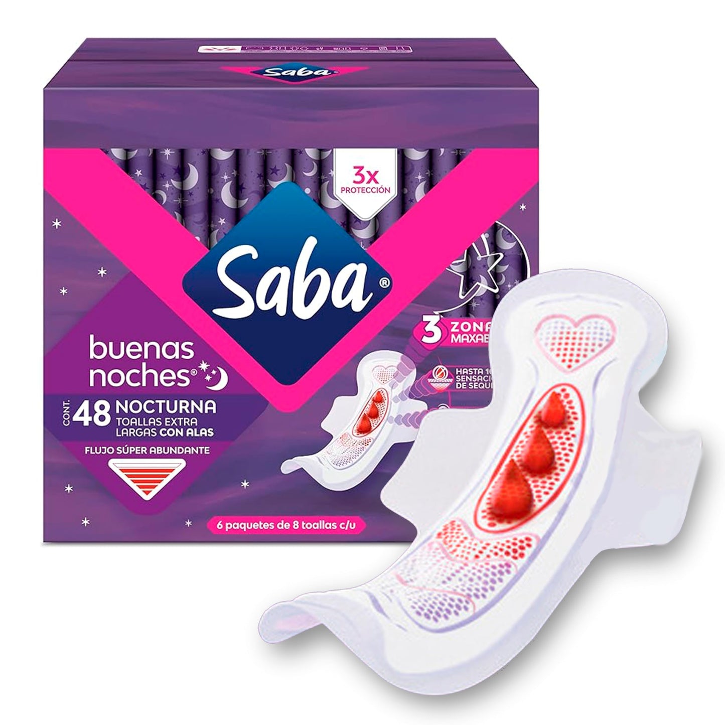 Saba Buenas Noches Con Alas; Toallas Femeninas Nocturnas Xl, Flujo Súper Abundante; 48 Toallas