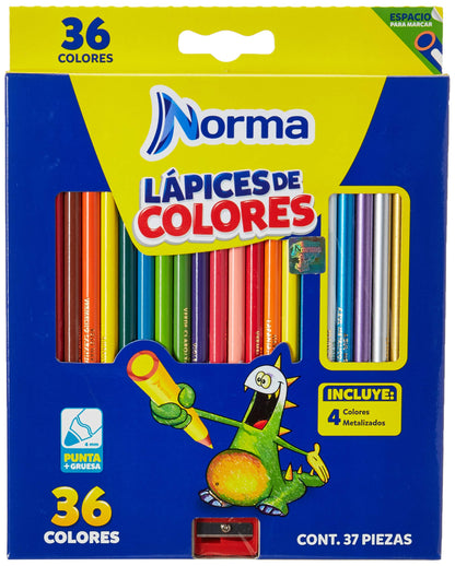 Norma Lápices de Colores Circulares, Incluye Sacapuntas, 1 Pack de 36