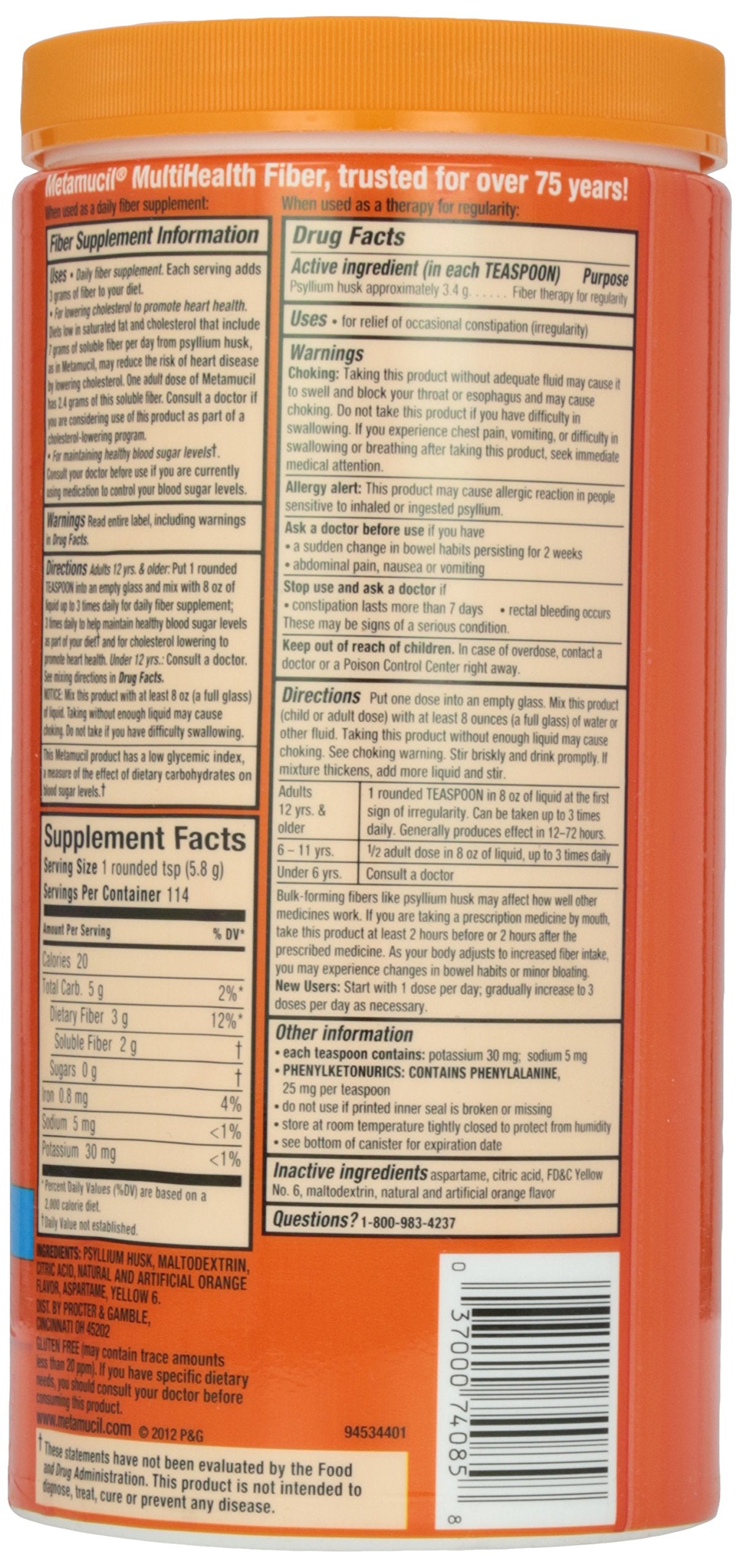 Metamucil, Textura Suave, Sin Azúcar, Naranja, 23.4 oz