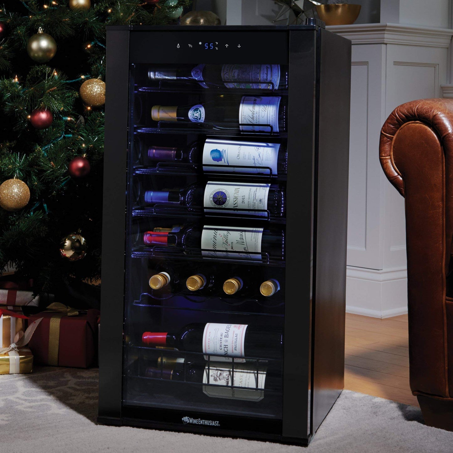 Wine Enthusiast VinoView - Nevera de vino de 28 botellas, refrigerador no empotrado con estantes de matriz, termostato ajustable de 10 a 60 °F, puerta de vidrio de doble panel y visualización LED