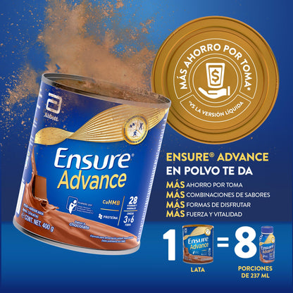 Ensure Advance - en Polvo 400g, Sabor Chocolate, Fuente de Proteínas y Nutrición Completa para Adultos, Clínicamente Probado