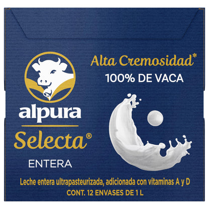 Alpura Selecta Leche Entera 100% de Vaca, Ultrapasteurizada en Paquete de 12 piezas de 1 Litro cada una, Fuente de proteína y Calcio, adicionada con vitaminas A y D. Cremosidad y Sabor superior