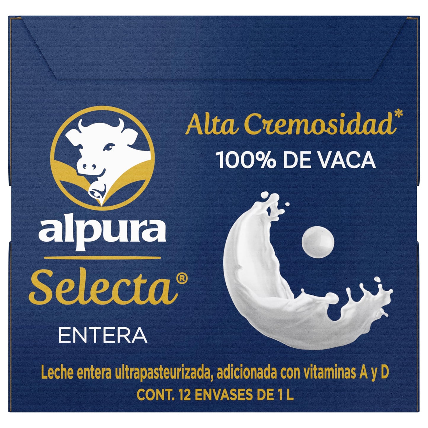 Alpura Selecta Leche Entera 100% de Vaca, Ultrapasteurizada en Paquete de 12 piezas de 1 Litro cada una, Fuente de proteína y Calcio, adicionada con vitaminas A y D. Cremosidad y Sabor superior