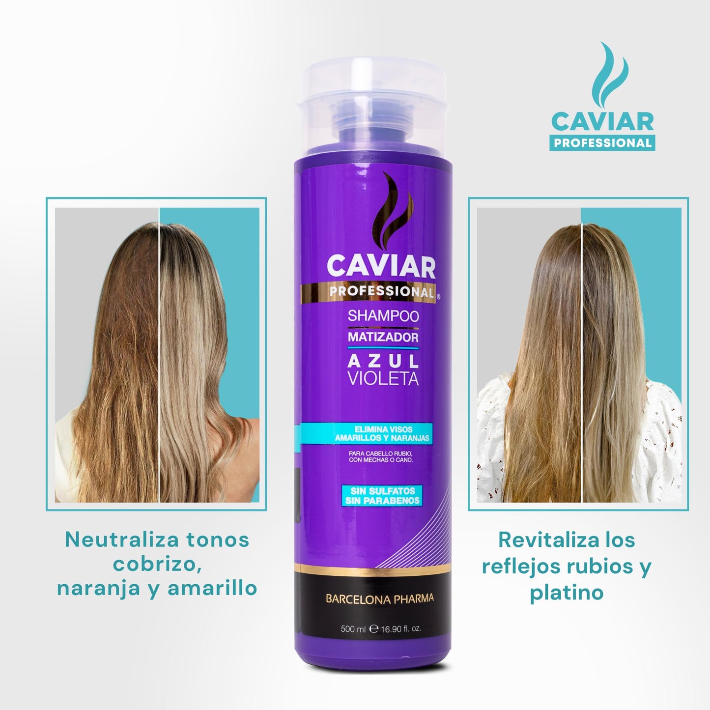 Caviar Professional, Shampoo sin sulfatos y parabenos, Duo shampoo matizador, Reparación total con extracto de caviar negro, Ecológico y Cruelty free