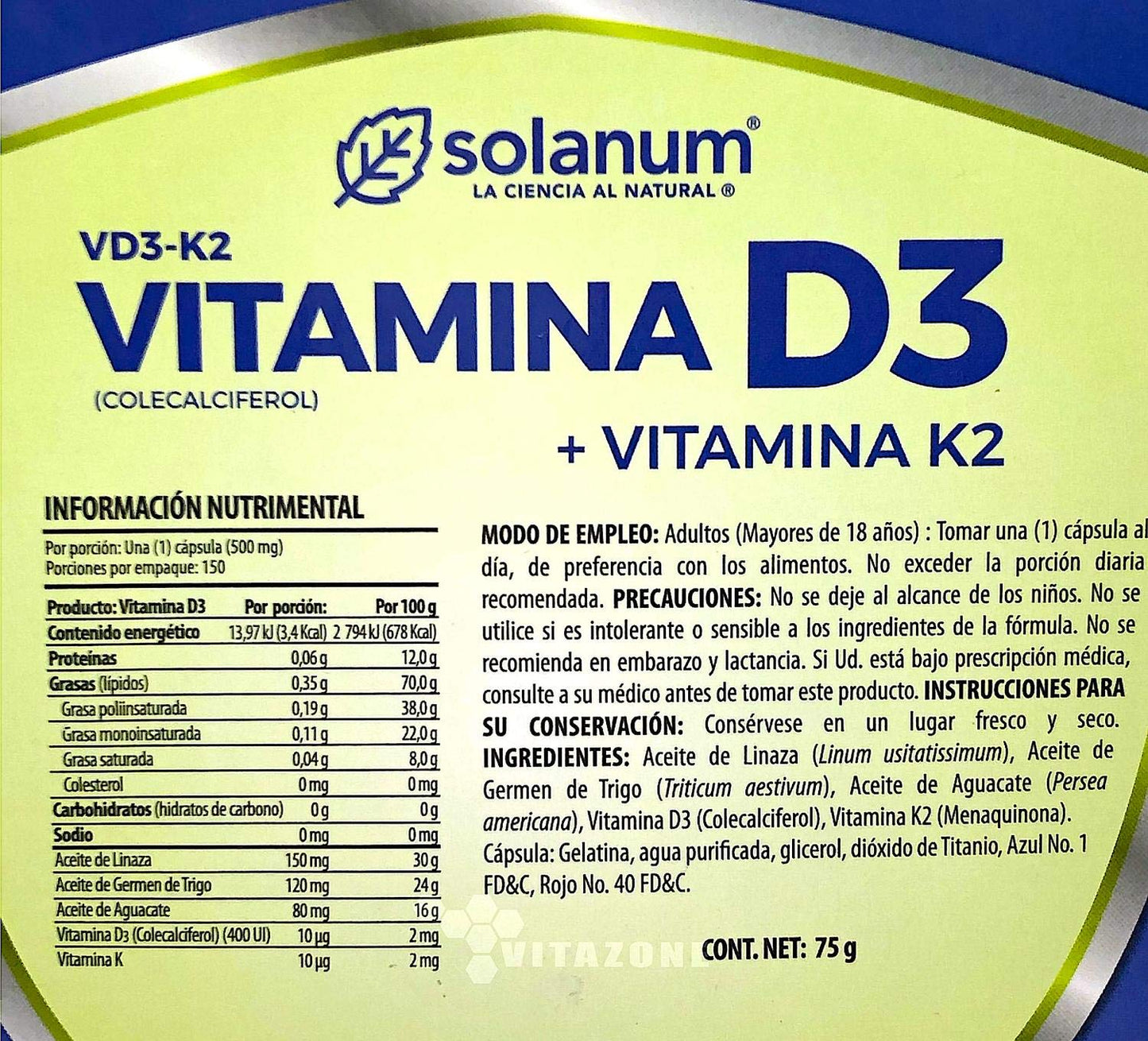 Solanum - Solanum Vitamina D3 Y Vitamina K2 Solanum - 150 Cápsulas