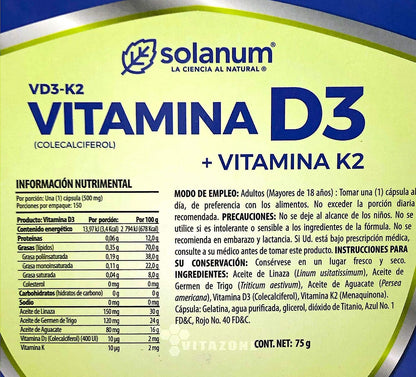 Solanum - Solanum Vitamina D3 Y Vitamina K2 Solanum - 150 Cápsulas