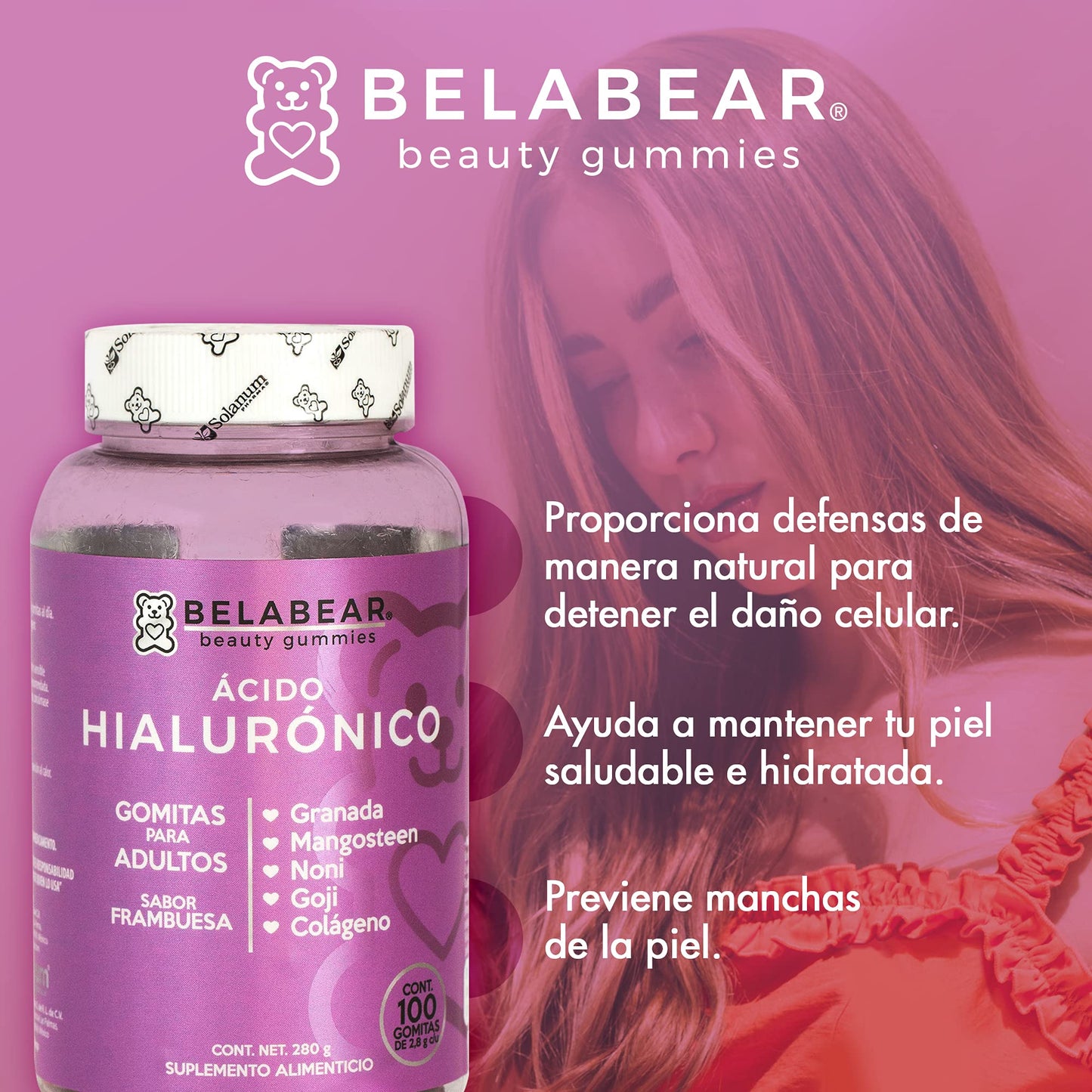 BELABEAR - Belabear Ácido Hialurónico - Sabor Frambuesa - Granada, Mangosteen, Noni, Goji, Colágeno - 100 Gomitas