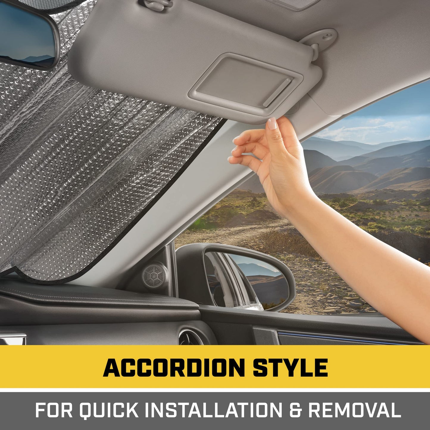 CAT Parasol para Coche o camión, diseño de Pistas, Color Amarillo, Doble Burbuja, Estilo acordeón, 57 x 27 Pulgadas