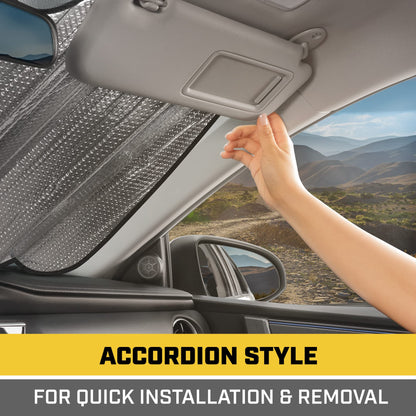 CAT Parasol para Coche o camión, diseño de Pistas, Color Amarillo, Doble Burbuja, Estilo acordeón, 57 x 27 Pulgadas