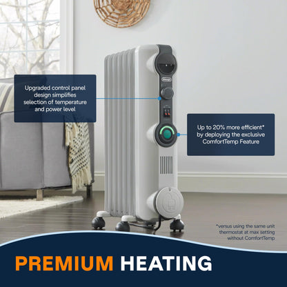 DeLonghi Calentador de radiador con relleno de aceite, calentador eléctrico de 1500 W para uso en interiores, calentador de habitación portátil silencioso, 1500 W, ahorro de energía, habitación completa, oficina y recámara con características de seguridad