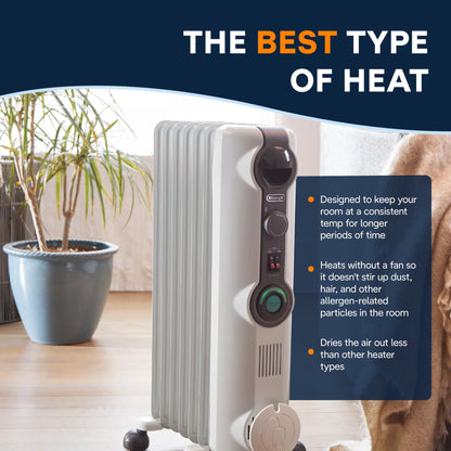 DeLonghi Calentador de radiador con relleno de aceite, calentador eléctrico de 1500 W para uso en interiores, calentador de habitación portátil silencioso, 1500 W, ahorro de energía, habitación completa, oficina y recámara con características de seguridad