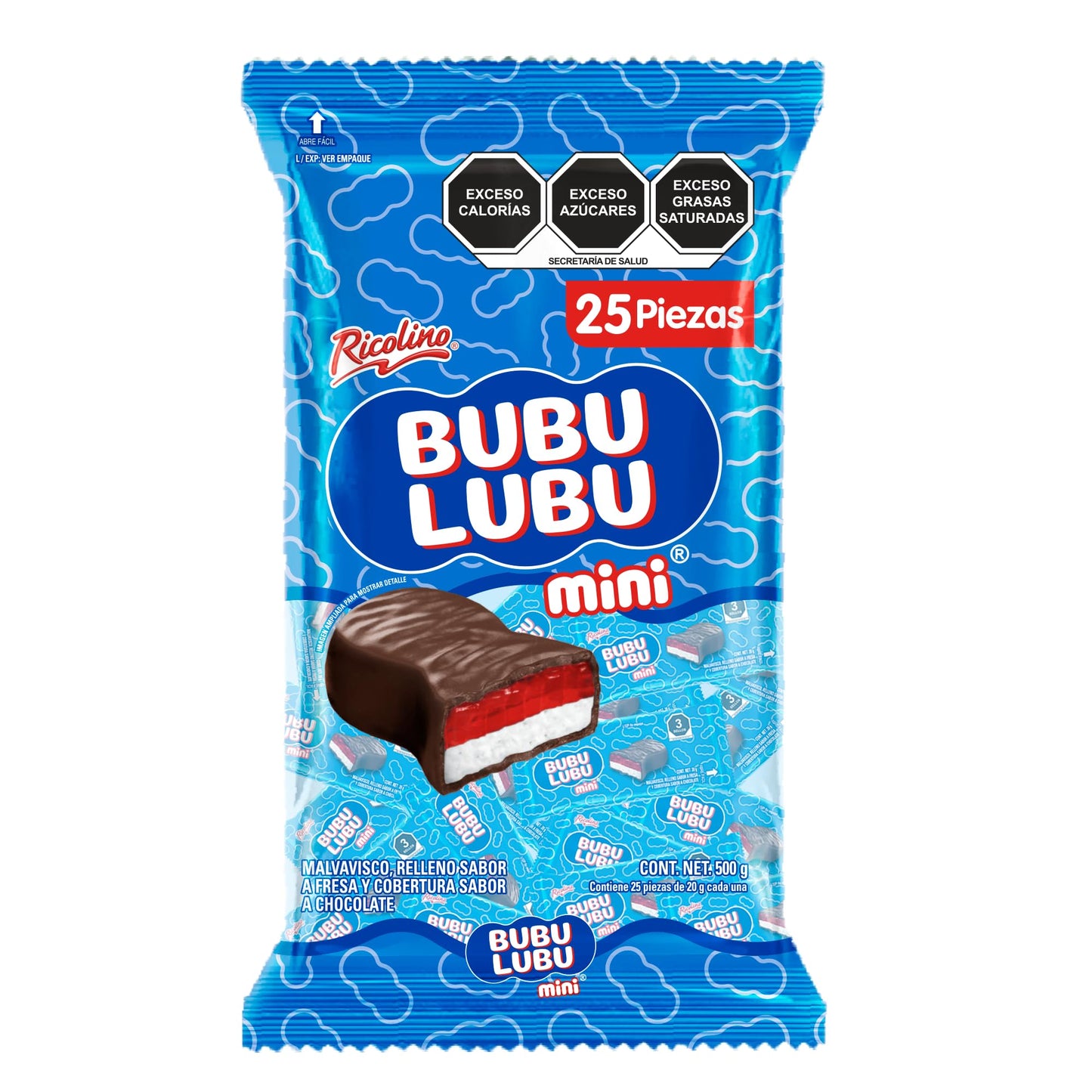 Mini Bubulubu, malvavisco relleno sabor a fresa y cobertura sabor a chocolate 25 piezas de 20 gramos