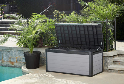 Keter - KETER Premier - Caja Grande de Resina de 150 galones para Muebles de Patio, jardín, Almacenamiento de Cojines al Aire Libre, Accesorios de Piscina y Juguetes, Color Gris