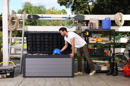 Keter - KETER Premier - Caja Grande de Resina de 150 galones para Muebles de Patio, jardín, Almacenamiento de Cojines al Aire Libre, Accesorios de Piscina y Juguetes, Color Gris