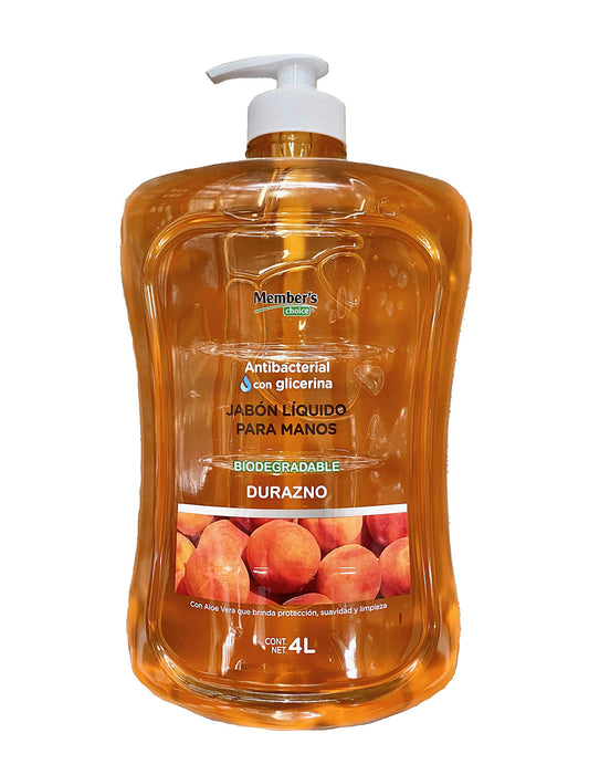 Members Choice - Jabón Antibacterial Líquido Para Manos Con Glicerina Biodegradable Durazno 4 Litros