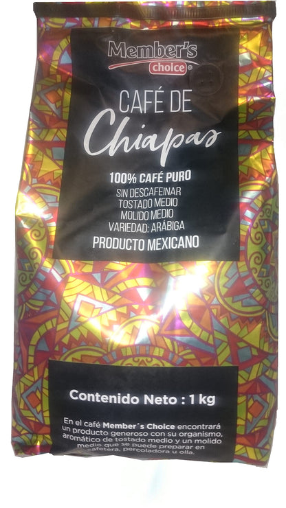 Member's Choice - Café de CHIAPAS tostado y molido medio Member´s Choice 100% café puro mexicano variedad Arábiga contenido neto1kg