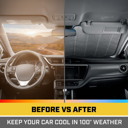 CAT Parasol para Coche o camión, diseño de Pistas, Color Amarillo, Doble Burbuja, Estilo acordeón, 57 x 27 Pulgadas