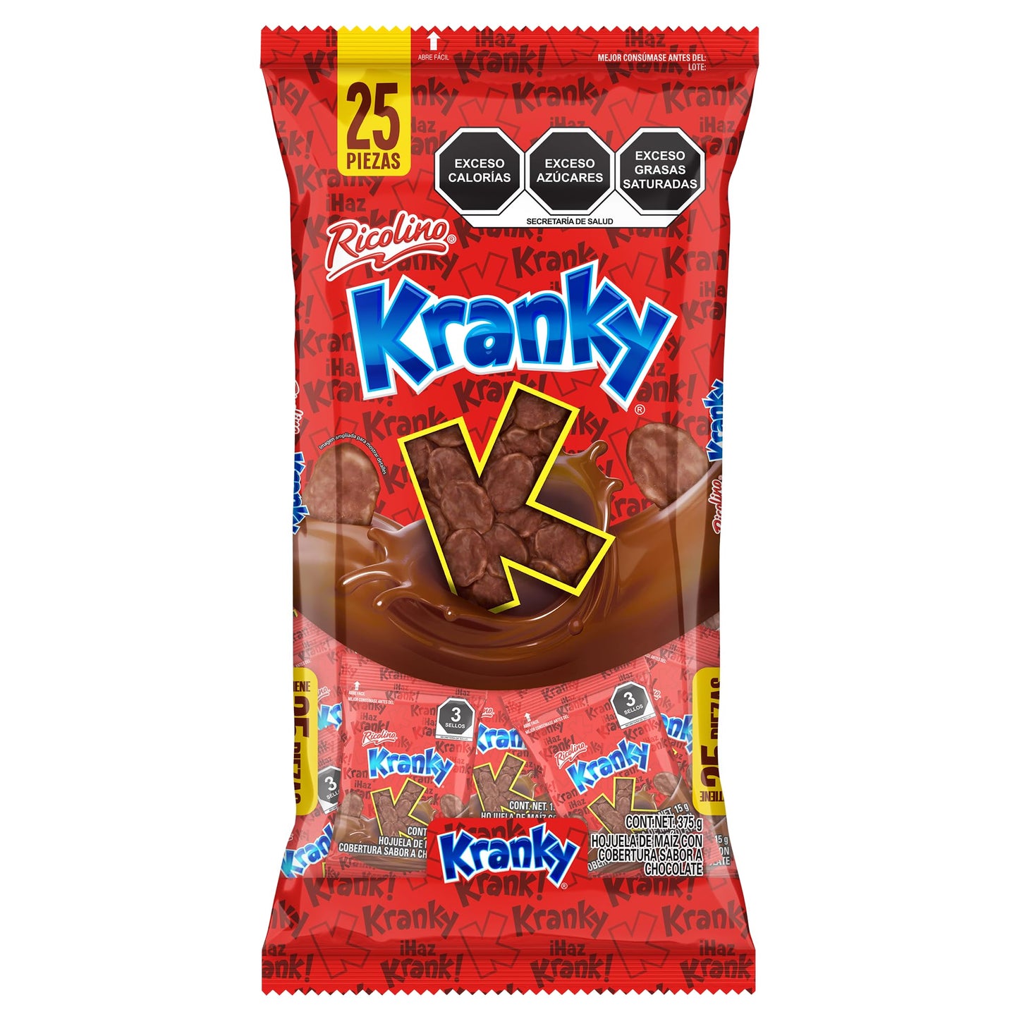 Kranky Hojuela de maíz con cobertura sabor a chocolate. Multiempaque con 25 piezas de 15g cada una.