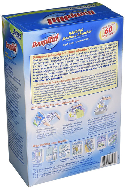 DampRid - Paquete de bonificación absorbente de humedad para colgar, aroma fresco, bolsas de 14 onzas, 4 unidades