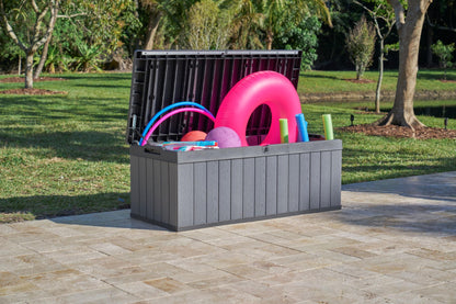 Keter - Caja grande de resina Keter Darwin de 100 galones, Almacenamiento para Jardin y Exteriores, Gris y Negro