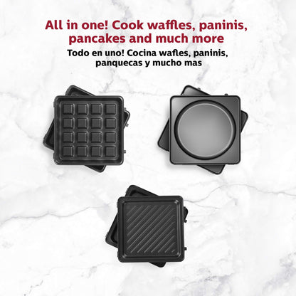 Holstein Housewares - Multifabricante antiadherente intercambiable con waffle, plancha y platos de parrilla, uso para paninis, panqueques, gofres y mucho más, rojo/acero inoxidable