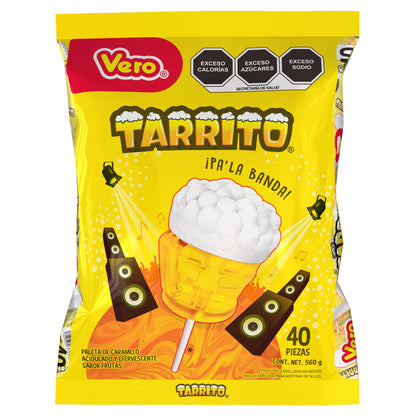 Paleta Tarrito de caramelo Acidulado y Efervescente sabor frutas, Bolsa 40pz de 14g c/u