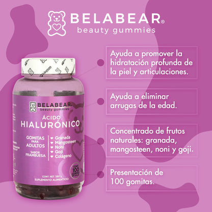 Belabear Ácido Hialurónico - Sabor Frambuesa - Granada, Mangosteen, Noni, Goji, Colágeno - 100 Gomitas