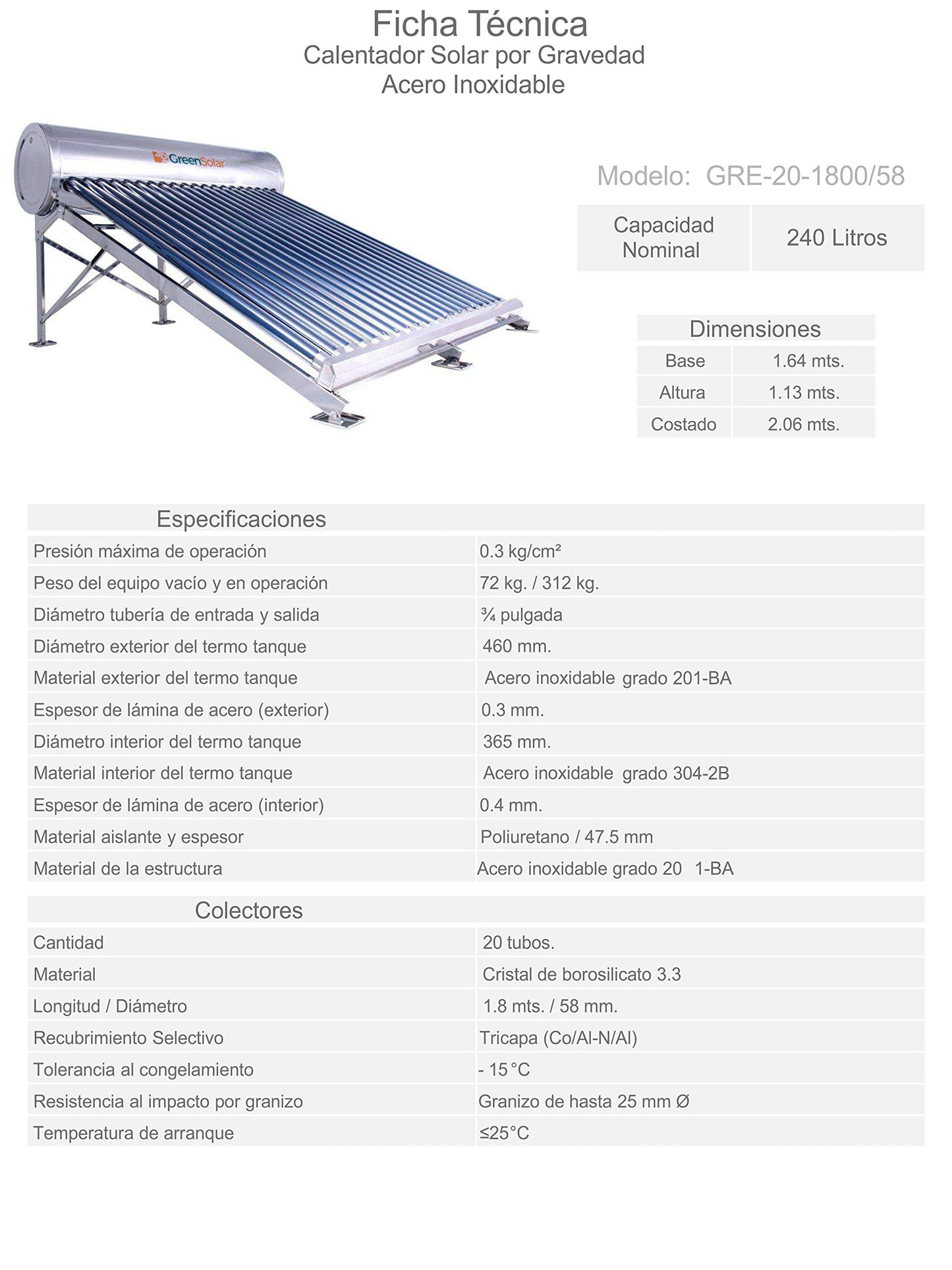 GreenSolar - Calentador Solar GreenSolar Acero Inoxidable 20 Tubos 240 Litros Baja Presion