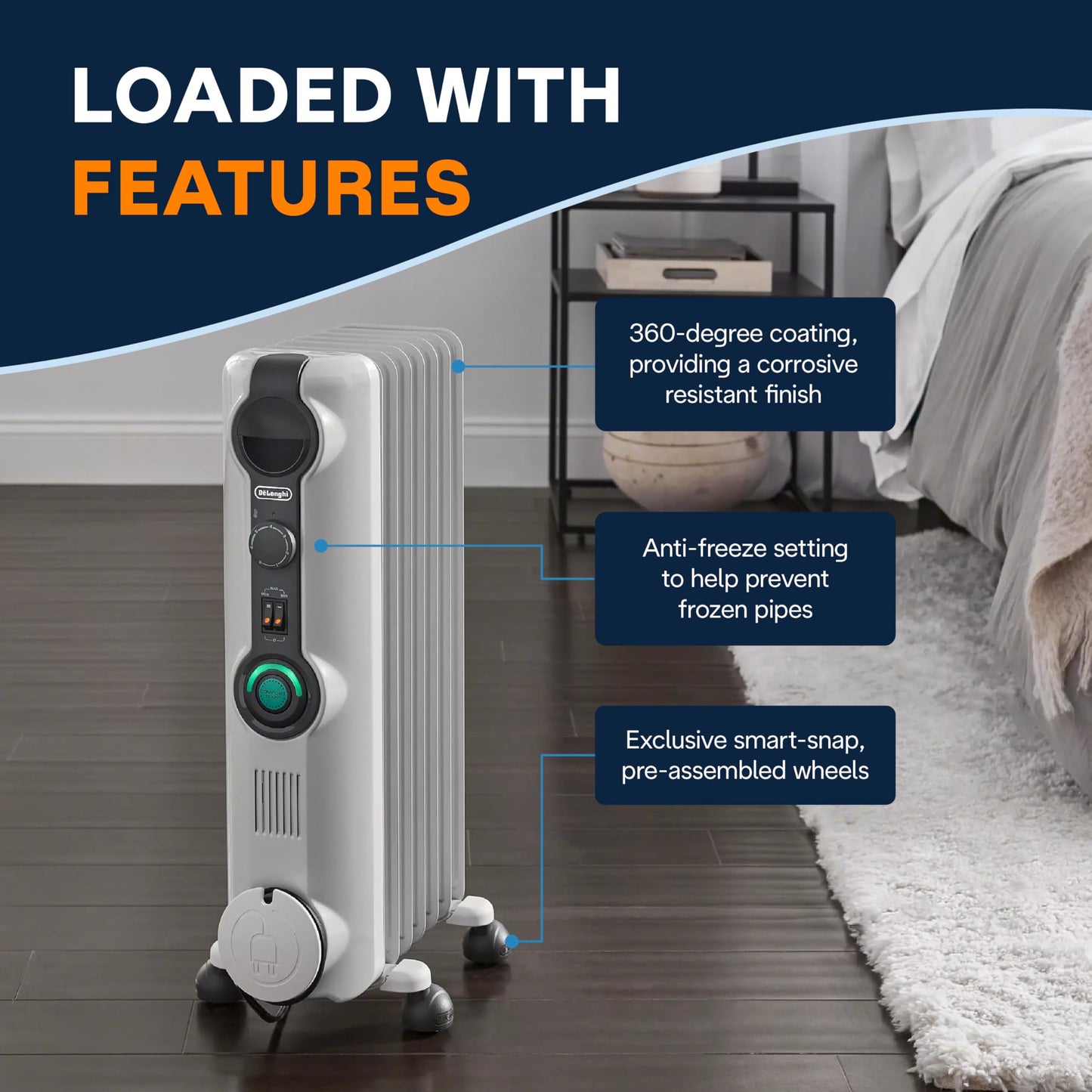 DeLonghi Calentador de radiador con relleno de aceite, calentador eléctrico de 1500 W para uso en interiores, calentador de habitación portátil silencioso, 1500 W, ahorro de energía, habitación completa, oficina y recámara con características de seguridad