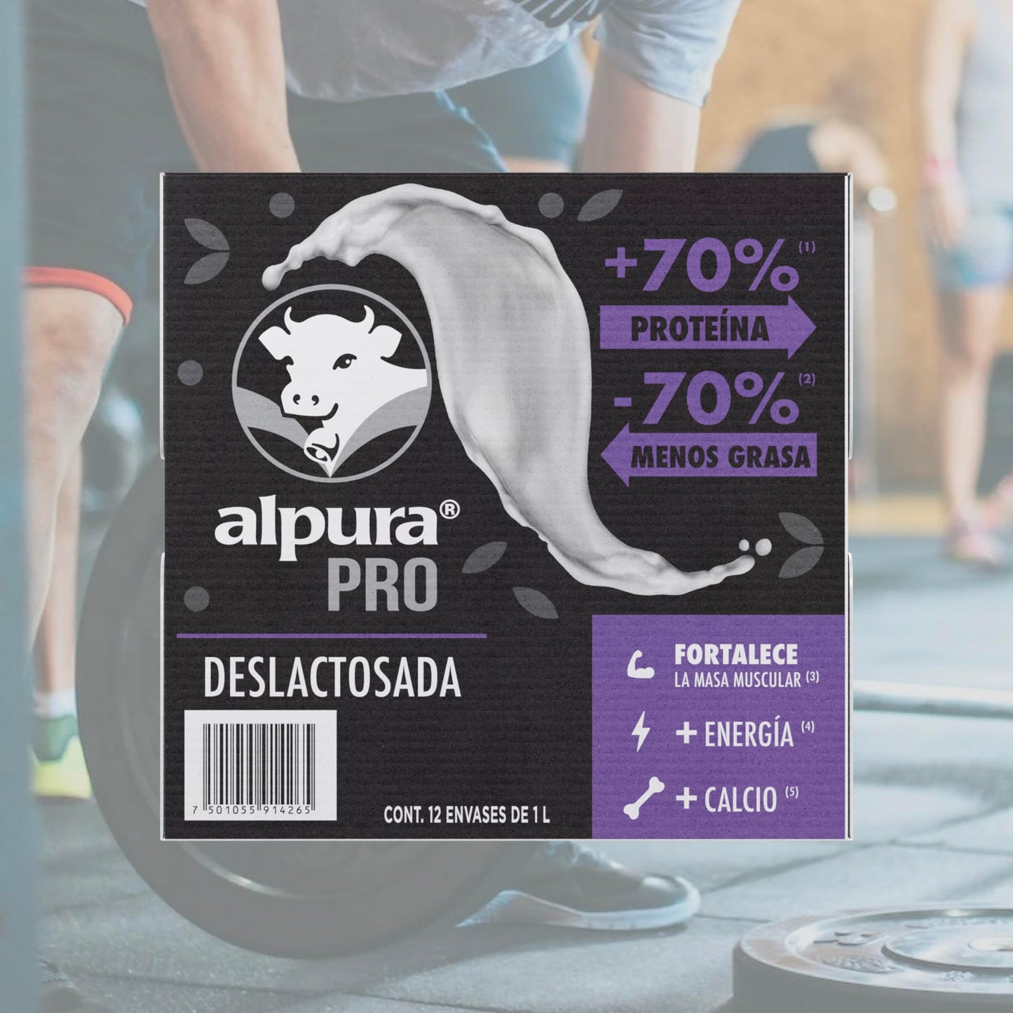 Alpura Pro con extra proteína Deslactosada Ultrapasteurizada en Paquete de 12 piezas de 1 Litro cada una, Fuente de proteína y Calcio, baja en grasa, adicionada con Vitaminas A y D