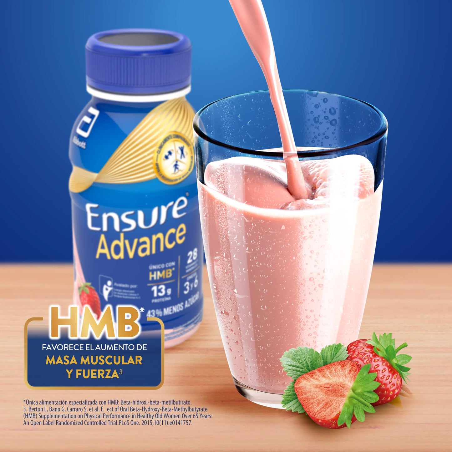 Ensure Advance Alimentación Especializada Líquida con HMB, Fresa, Azul, 237 ml, 16 Piezas