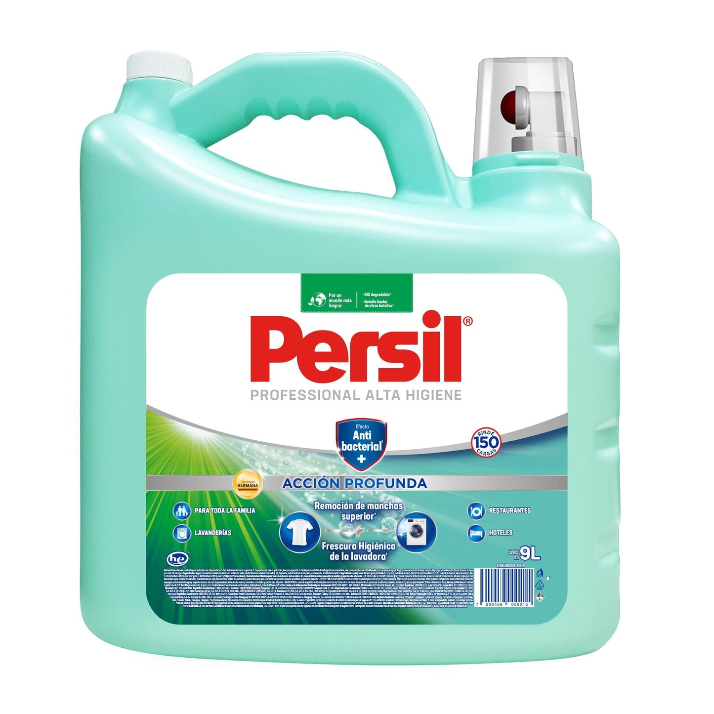 Persil - Detergente Gel Alta Higiene 9L Acción Profunda Plus con Efecto Anti-Bacterial (150 cargas), Remueve Manchas, Limpieza con Frescura Duradera, Tecnología Alemana