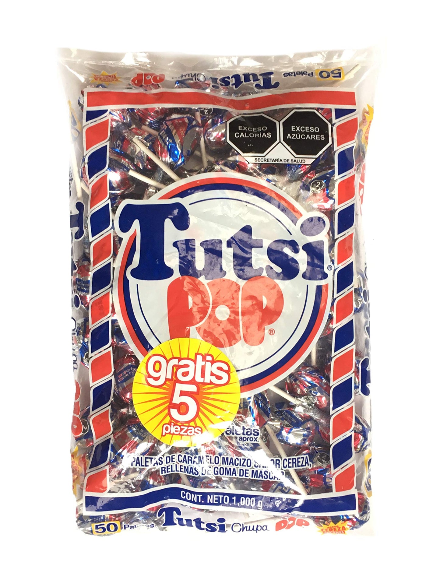 dakomyo Tutsi - Tutsi Pop Paleta de Caramelo Macizo Sabor Cereza Rellena de Goma de Mascar - 50 Paletas