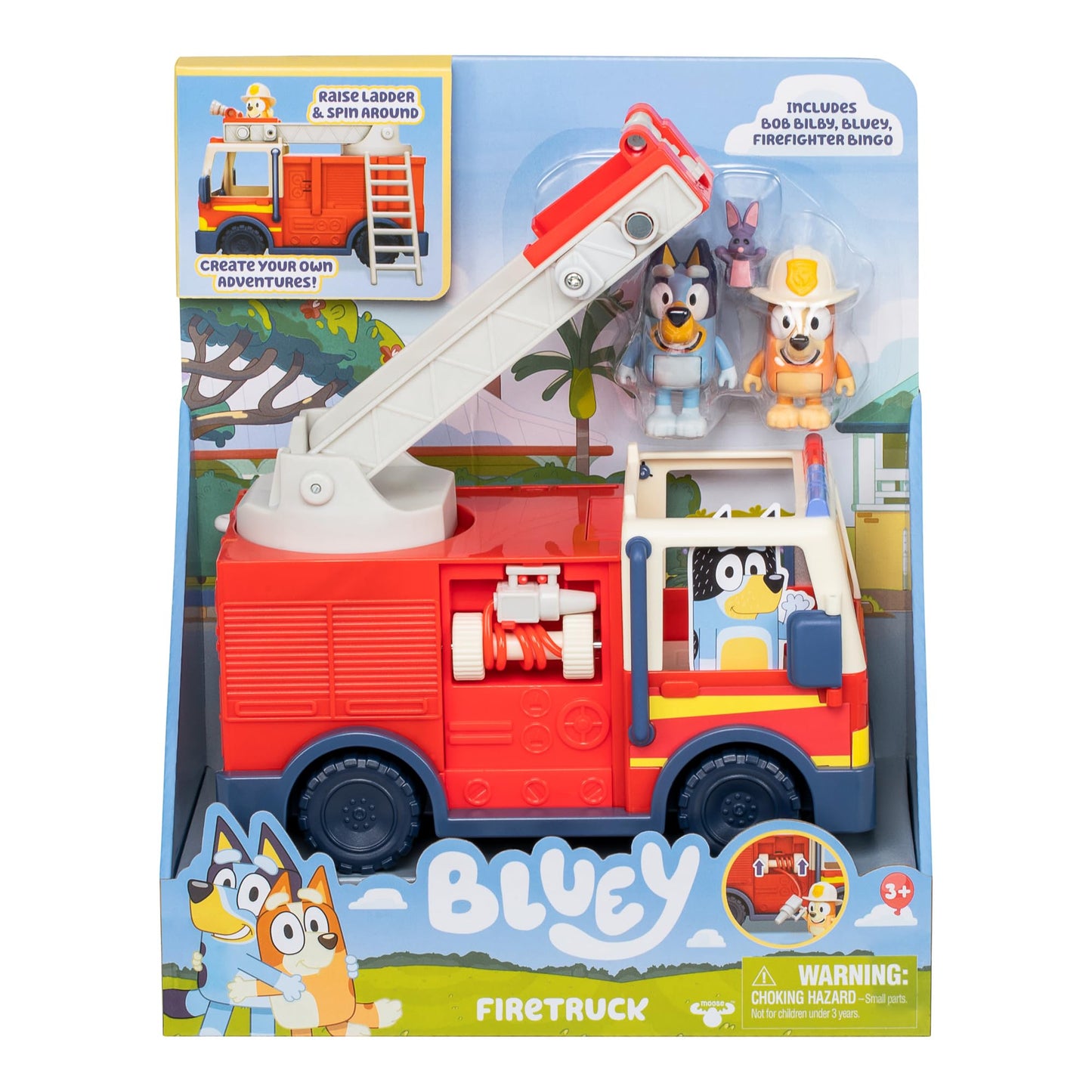 Bluey - Juguete de Bomberos con Bingo de Bombero, Cifras de Bob Bilby, Escalera Extensible y Manguera, Incluye Pegatinas, Perfecto para niños a Partir de 3 años