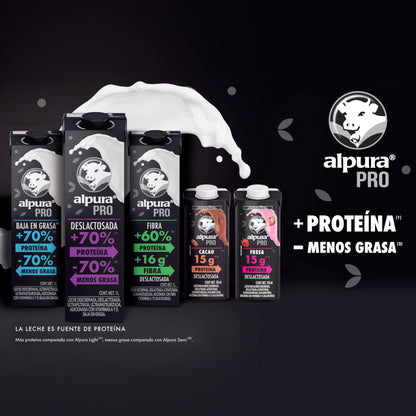 Alpura Pro con extra proteína Deslactosada Ultrapasteurizada en Paquete de 12 piezas de 1 Litro cada una, Fuente de proteína y Calcio, baja en grasa, adicionada con Vitaminas A y D