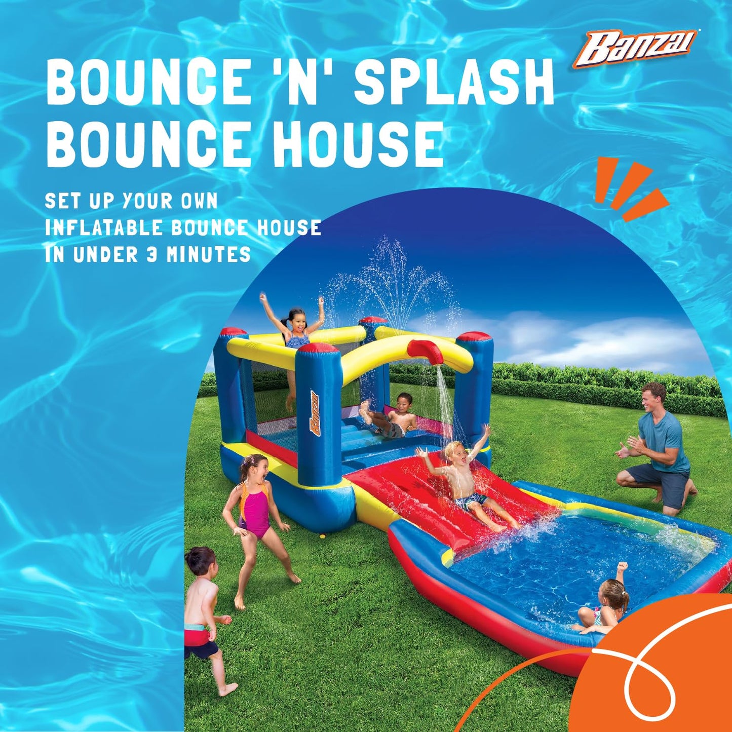 Banzai 35533 Bounce N Splash Water Park Centro de juego de actividades acuáticas con tobogán, estacas de puesta a tierra, bomba incluida y bolsa de almacenamiento portátil de viaje