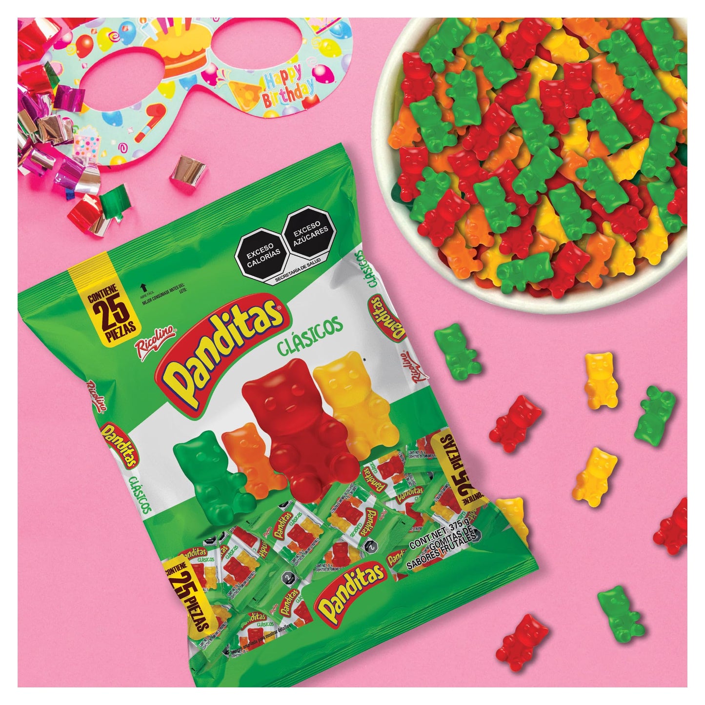 Mini Panditas, Gomitas de sabores frutales. Bolsa de 25 piezas de 15 gramos