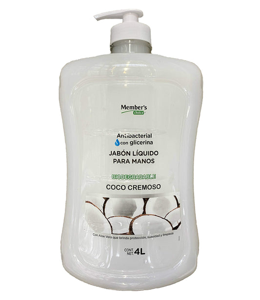 Members Choice - Jabón Antibacterial Líquido Para Manos Con Glicerina Biodegradable Coco Cremoso 4 Litros