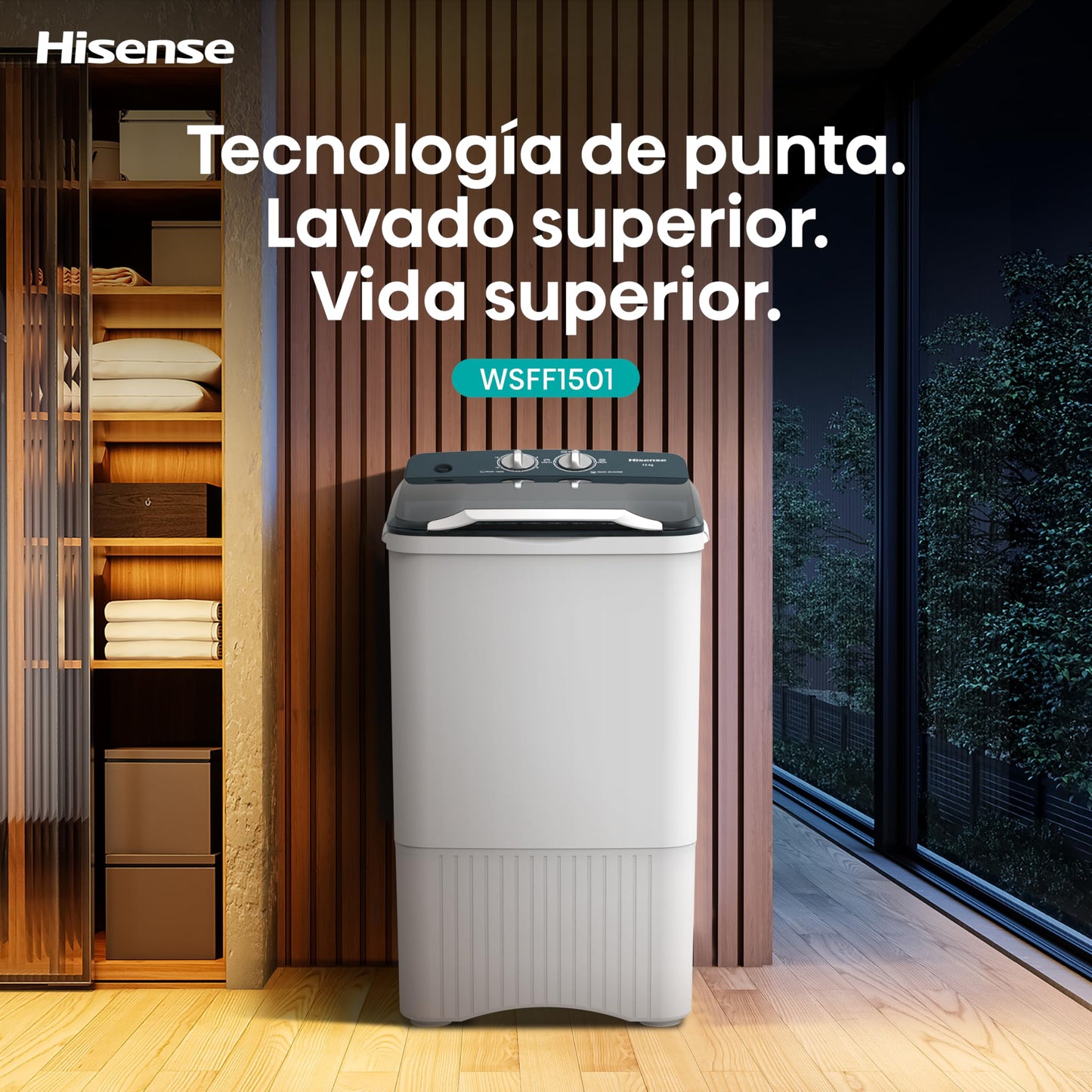 Hisense Lavadora WSFF1501, Semiautomática, 15 Kg, Temporizador de Lavado y Centrifugado, 55x52x91cm(AnchoxLargoxAlto), Blanco/Gris