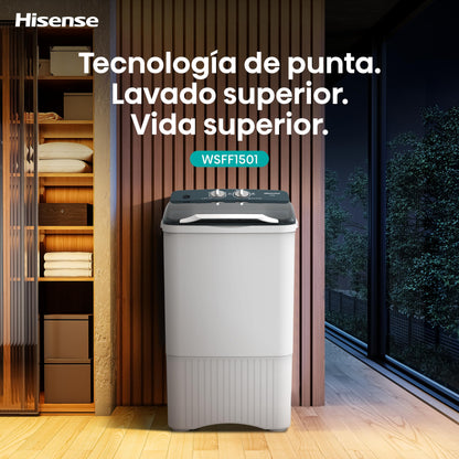 Hisense Lavadora WSFF1501, Semiautomática, 15 Kg, Temporizador de Lavado y Centrifugado, 55x52x91cm(AnchoxLargoxAlto), Blanco/Gris