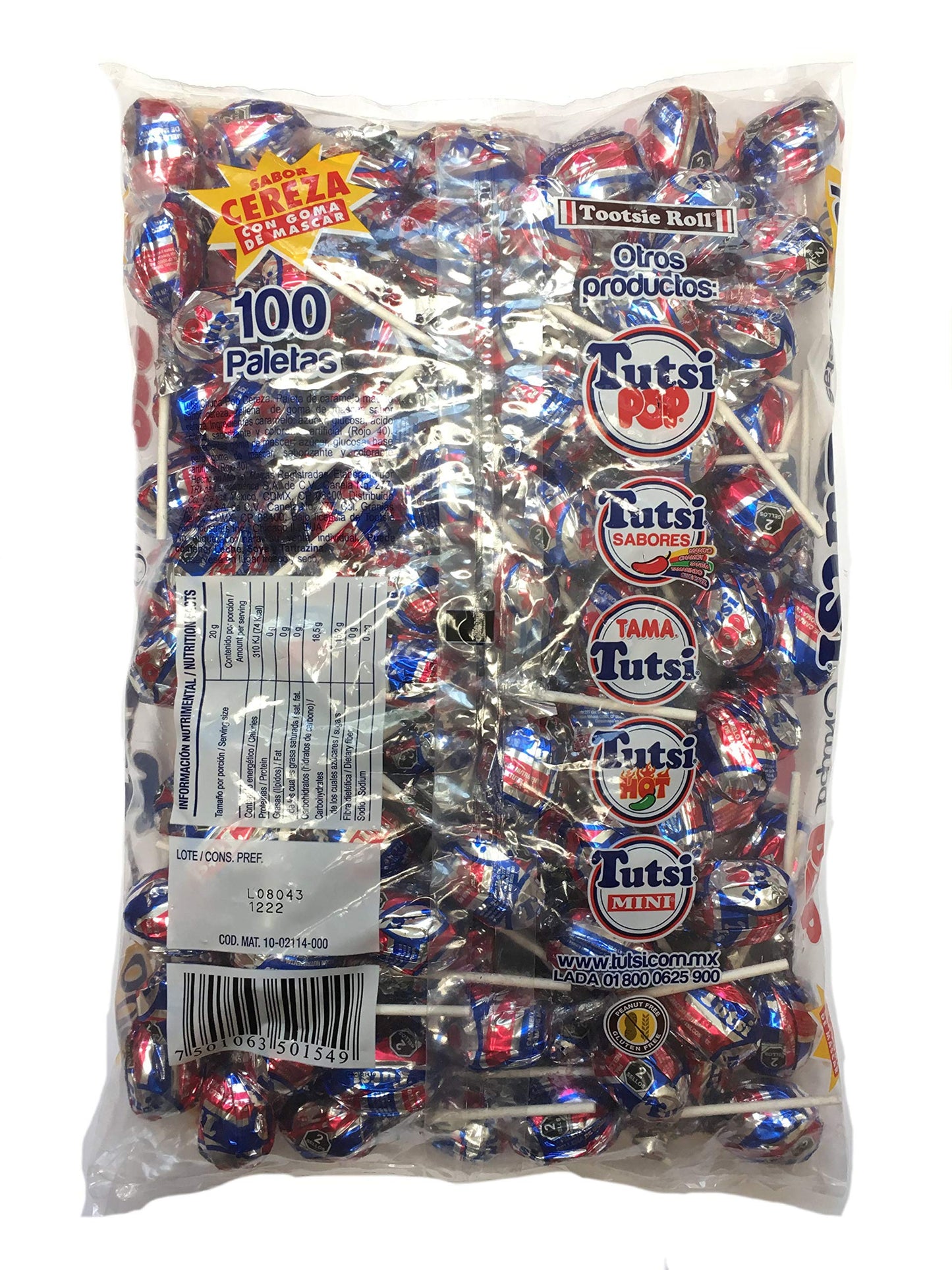 Tutsi - Tutsi Pop Paleta de Caramelo Macizo Sabor Cereza rellena de Goma de Mascar. Bolsa con 100 Paletas