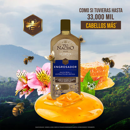 TÍO NACHO - Tío Nacho ENGROSADOR, Shampoo JALEA REAL con extracto de ORTIGA, GINSENG, QUINOA, ALOE VERA y LÚPULO, un cabello con MÁS VOLUMEN