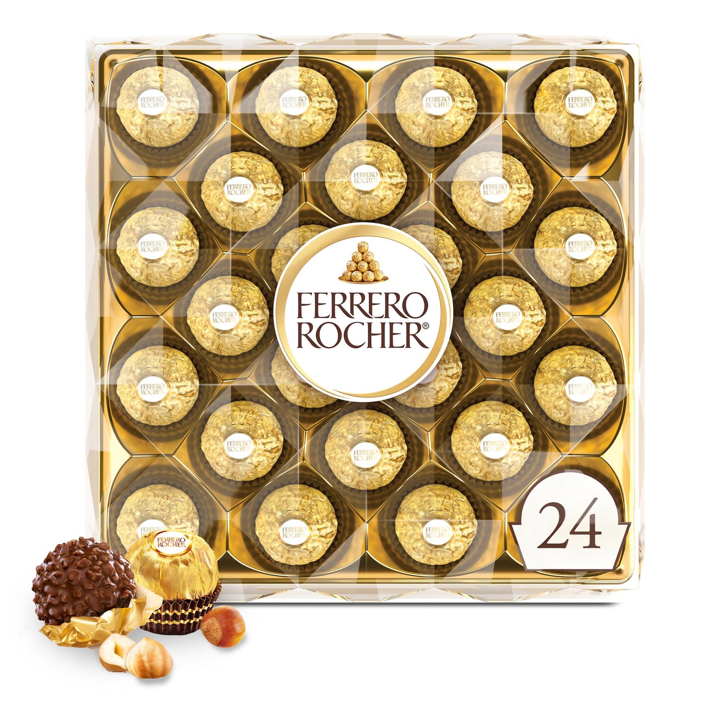 Ferrero Rocher chocolate con leche de avellana fina, 24 unidades, caja de regalo de chocolate y dulces, 10.5 oz