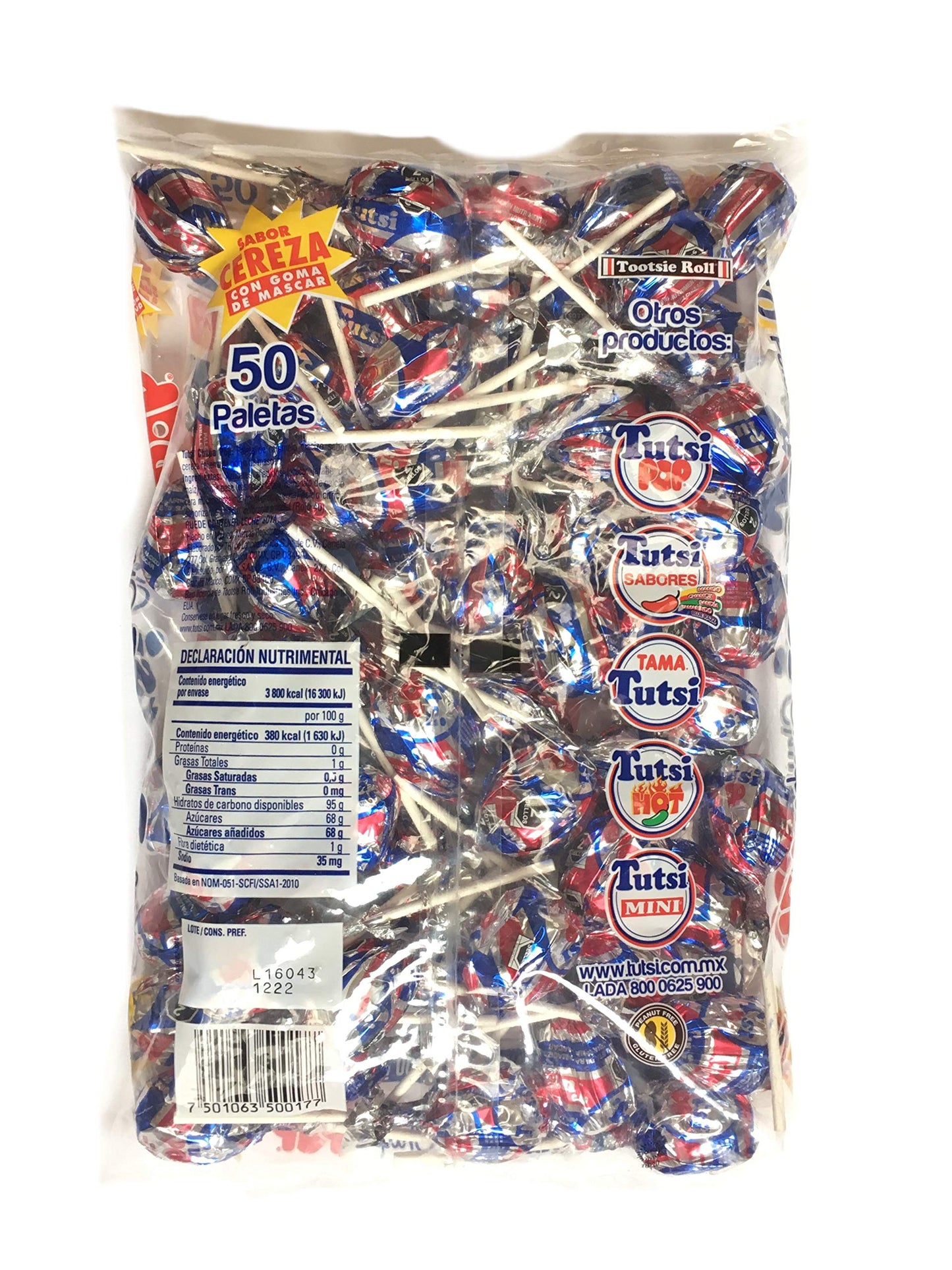 dakomyo Tutsi - Tutsi Pop Paleta de Caramelo Macizo Sabor Cereza Rellena de Goma de Mascar - 50 Paletas